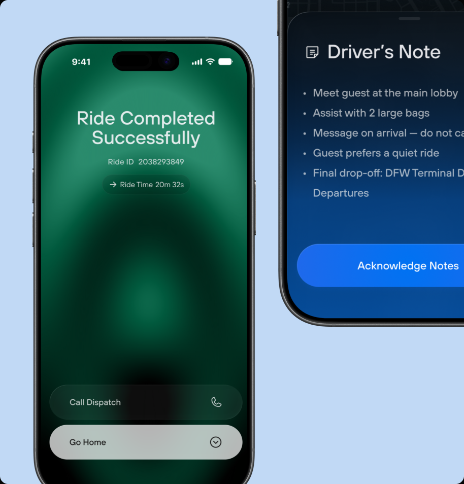 Ride completion and driver note screens